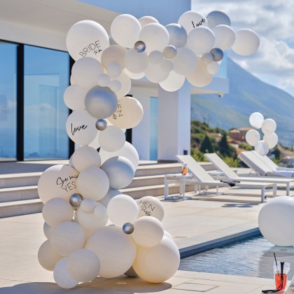 Backdrop - White & Silver Balloons With Streamers