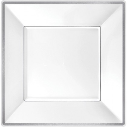 10 in Square Plates Plastic White w Silver Trim