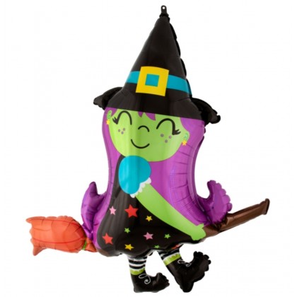P35 Cute Witch on Broom SuperShape Foil Balloon Pa