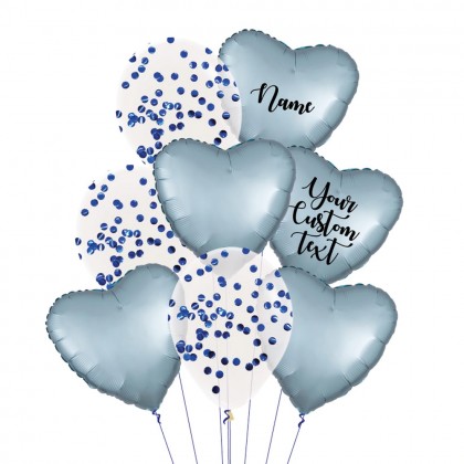 Personalised Steel Blue Satin Luxe And Confetti Balloon Bouquet
