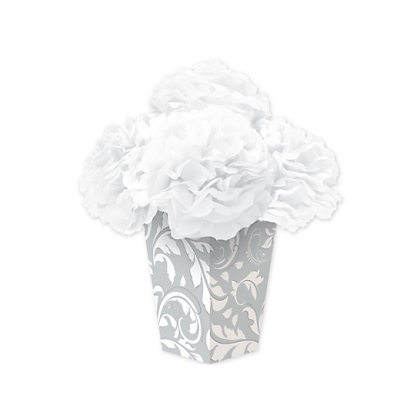 Vase, 6 1/2" ; Flowers, 5" Fluffy Flower CP - Elegant Scroll Tissue & Printed Paper - Silver