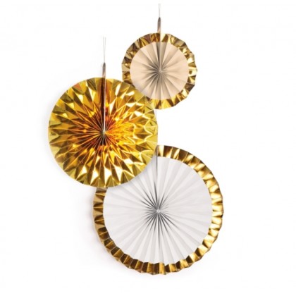 3 Fan Decorations Gold Brush Paper 18 cm / 30 cm /
