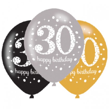 6 Latex Balloons Sparkling Birthday Age 30 27.5 cm / 11"