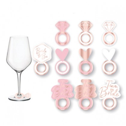 8 Prosecco Glass Markers Hen Party Rose Gold - Pink Paper