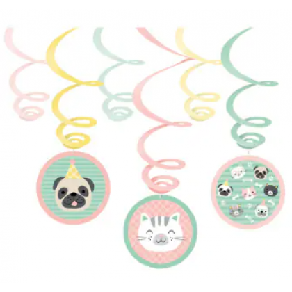 6 Swirl Decorations Hello Pets Foil / Paper 80 cm
