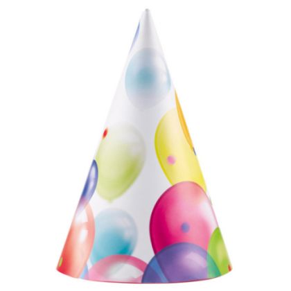 8 Party Cone Hats Balloons Paper Height 16.2 cm